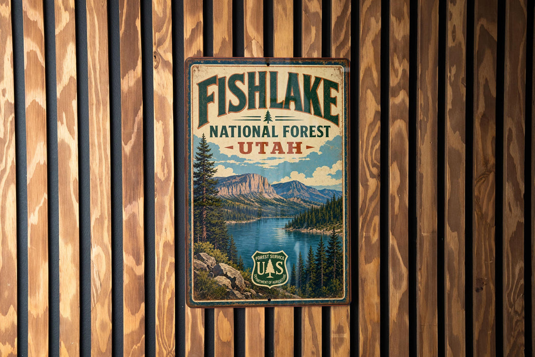 A vintage-style metal sign for Fishlake National Forest in Utah, featuring a scenic landscape with mountains, a lake, and pine trees.