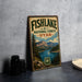A vintage-style metal sign for Fishlake National Forest in Utah, featuring a scenic landscape with mountains, forests, and a lake.