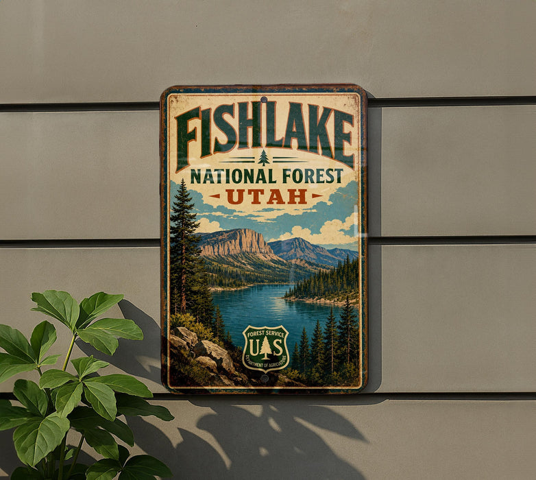 A vintage-style metal sign for Fish Lake National Forest in Utah, featuring a scenic landscape with mountains, forests, and a lake.