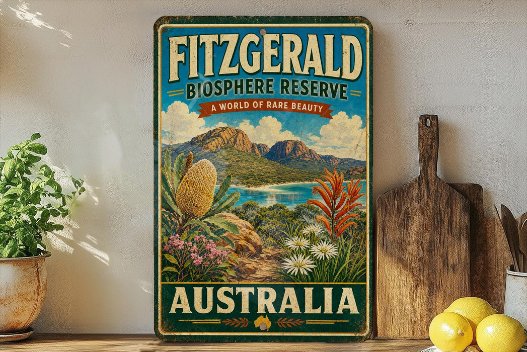 a vintage-style sign for Fitzgerald Biosphere Reserve, Australia, with a scenic landscape of mountains, flowers, and a body of water.