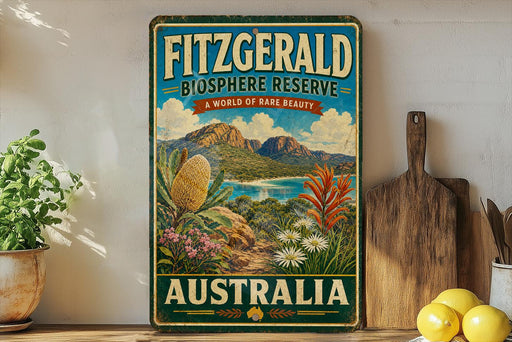 a vintage-style sign for Fitzgerald Biosphere Reserve, Australia, with a scenic landscape of mountains, flowers, and a body of water.