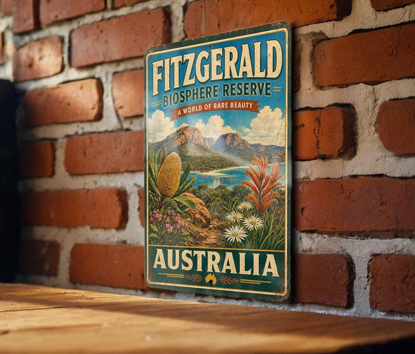 a vintage-style sign for the Fitzgerald Biosphere Reserve, which is a world-renowned nature reserve in Australia.