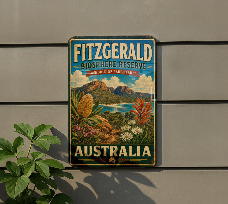 a vintage-style sign for Fitzgerald Biosphere Reserve, Australia, with a scenic landscape of mountains, flowers, and a body of water.