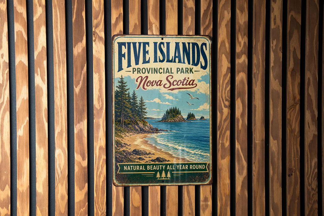 a vintage-style metal sign for Five Islands Provincial Park in Nova Scotia, Canada.