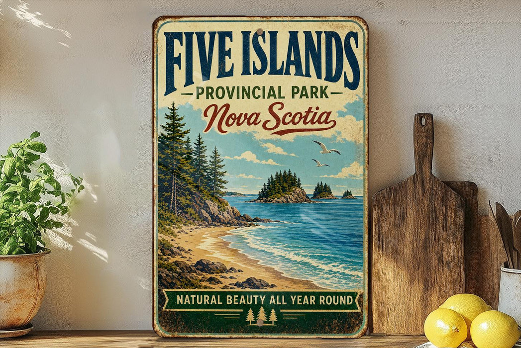 a vintage-style sign for Five Islands Provincial Park in Nova Scotia, Canada, with a scenic beach and ocean landscape.