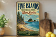a vintage-style sign for Five Islands Provincial Park in Nova Scotia, Canada, with a scenic beach and ocean landscape.