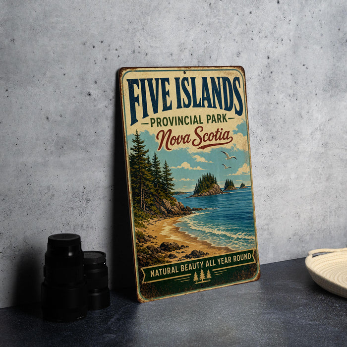a vintage-style sign for Five Islands Provincial Park in Nova Scotia, Canada, with a scenic beach and ocean landscape.
