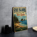 a vintage-style sign for Five Islands Provincial Park in Nova Scotia, Canada, with a scenic beach and ocean landscape.