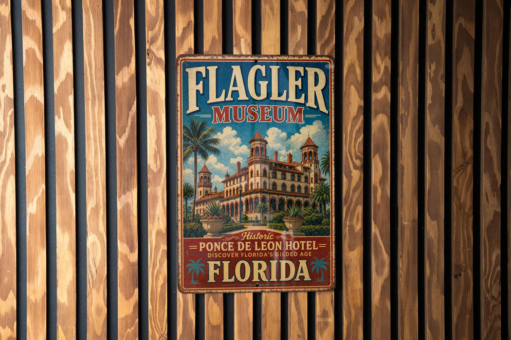 A vintage metal sign for the Flagler Museum in Florida, featuring an illustration of a historic hotel with palm trees and a blue sky.