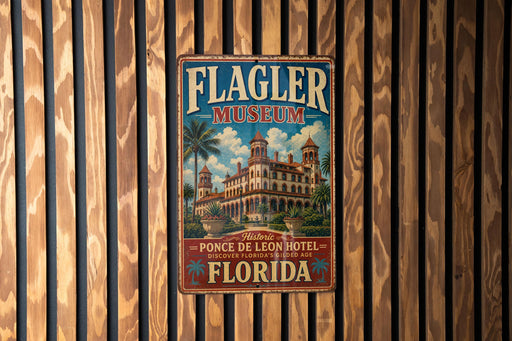 A vintage metal sign for the Flagler Museum in Florida, featuring an illustration of a historic hotel with palm trees and a blue sky.