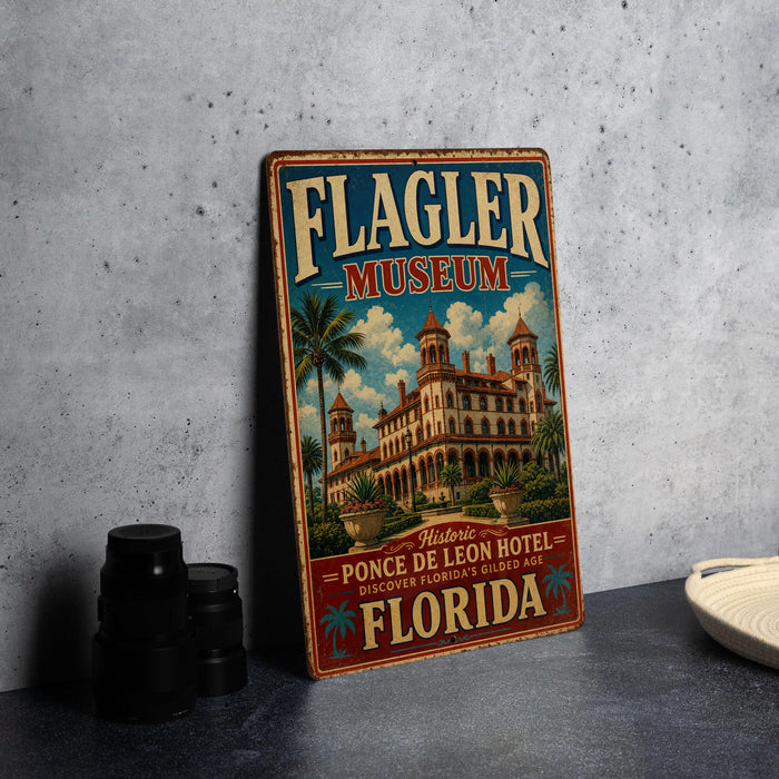 A vintage-style metal sign for the Flagler Museum in Florida, featuring an illustration of the historic Ponce de Leon Hotel.