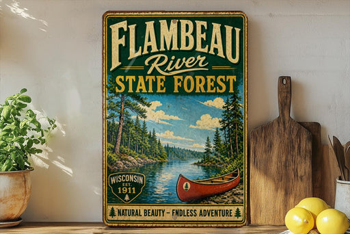 A vintage-style sign for the Flambeau River State Forest in Wisconsin, featuring a canoe and a scenic landscape.
