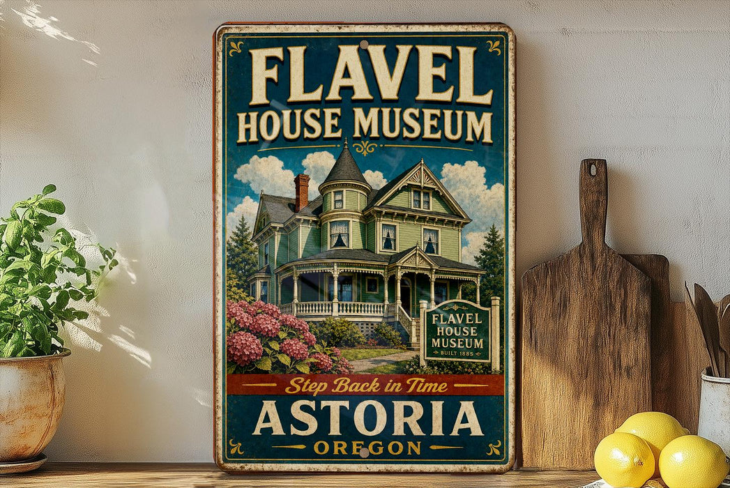 A vintage-style metal sign for the Fl aval House Museum in Astoria, Oregon, featuring an illustration of a Victorian-style house surrounded by flowers and greenery.