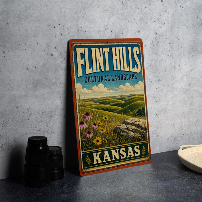 A vintage-style sign for "Flint Hills Cultural Landscape Kansas" is displayed on a gray countertop, with a stack of black camera lenses and a white dish visible to the side.