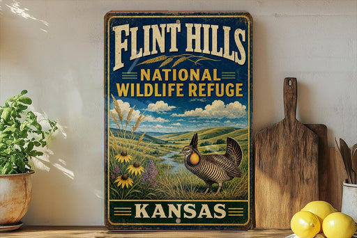 A vintage-style sign for the Flint Hills National Wildlife Refuge in Kansas, featuring a turkey in a field with flowers and a river in the background.