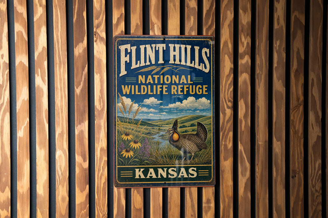 A vintage-style metal sign for the Flint Hills National Wildlife Refuge in Kansas, featuring a bird and a field with flowers.