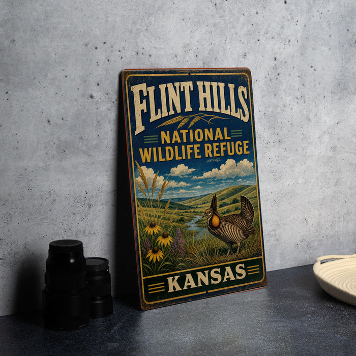 A vintage-style sign for the Flint Hills National Wildlife Refuge in Kansas, featuring a bird and a field with flowers.