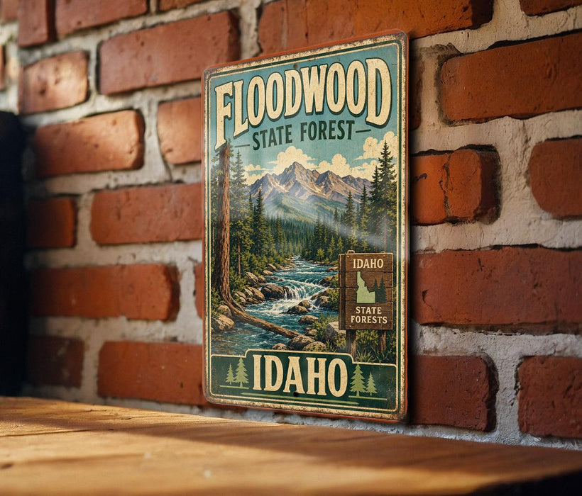 A vintage-style metal sign for the Floodwood State Forest in Idaho, featuring a scenic illustration of a forest and a river.