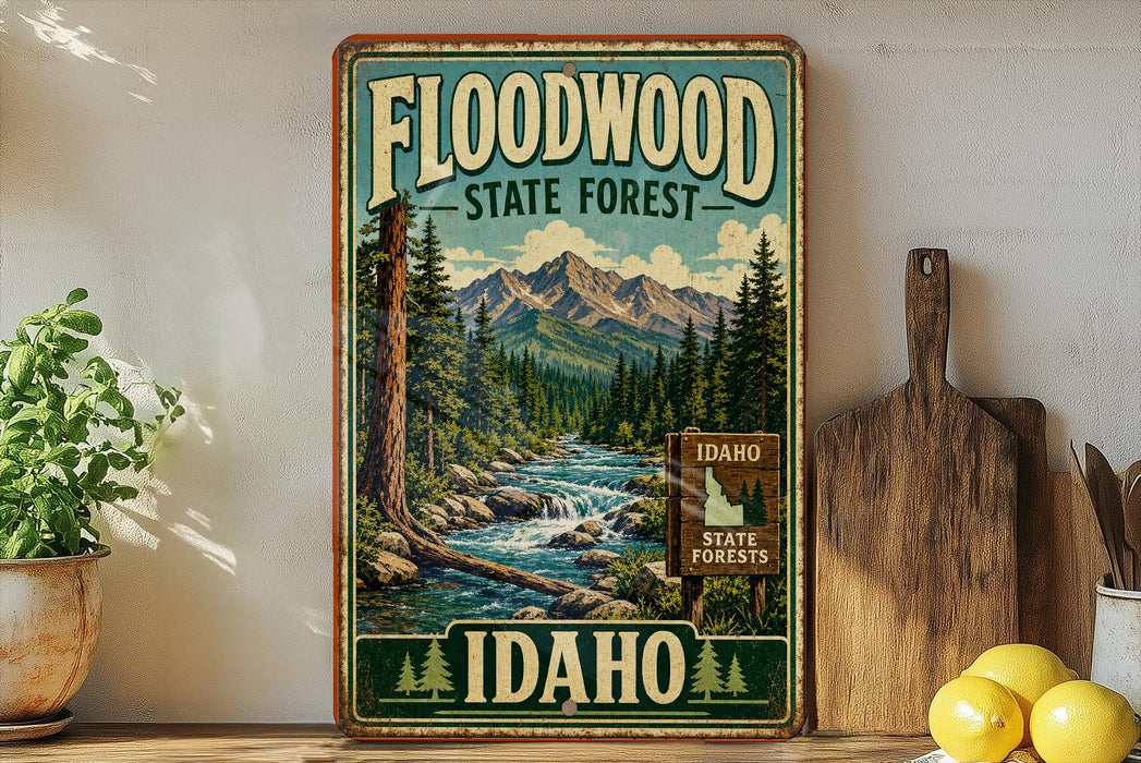 A vintage-style sign for the Floodwood State Forest in Idaho, featuring a scenic mountain landscape with a river flowing through it.