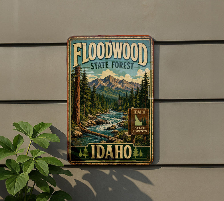 A vintage-style metal sign for the Floodwood State Forest in Idaho, featuring a scenic mountain landscape with a river and pine trees.