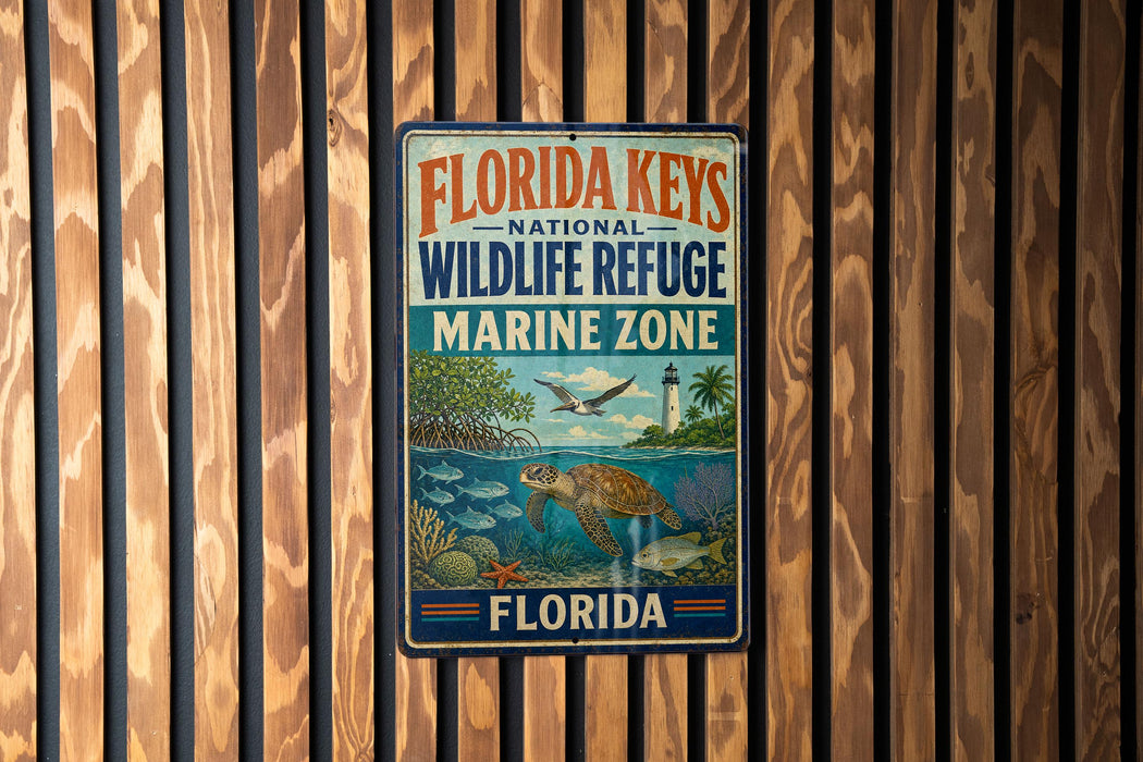 A metal sign with text and illustrations, mounted on a wooden wall.