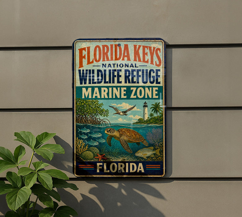 A vintage-style metal sign for the Florida Keys National Wildlife Refuge, featuring an illustration of a turtle, fish, and other marine life, along with the text "FLORIDA KEYS NATIONAL WILDLIFE REFUGE MARINE ZONE" and "FLORIDA" at the bottom.