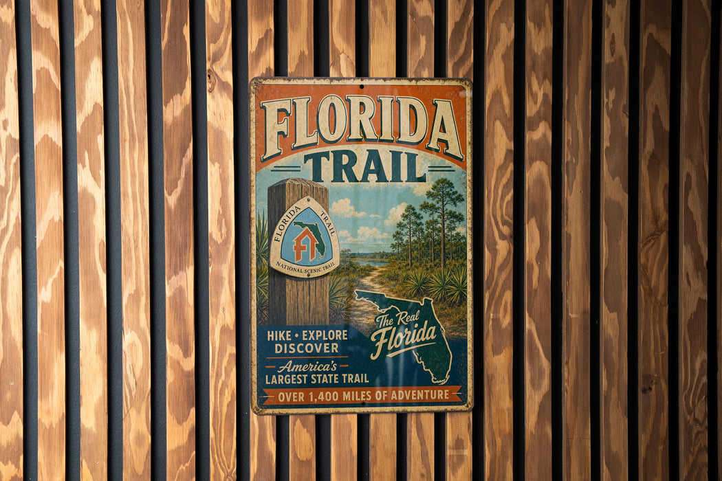 A vintage metal sign for the Florida Trail, featuring a scenic image of a trail surrounded by pine trees and a house, mounted on a wooden wall.