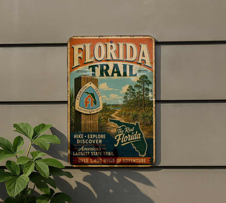 A vintage-style metal sign for the Florida Trail, featuring a scenic illustration of a trail surrounded by palm trees and a house.