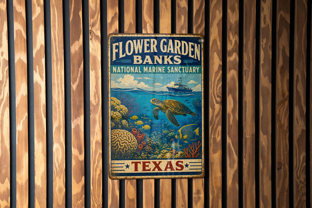 A vintage-style metal sign for the Flower Garden Banks National Marine Sanctuary in Texas, featuring an illustration of a turtle swimming among coral and fish.