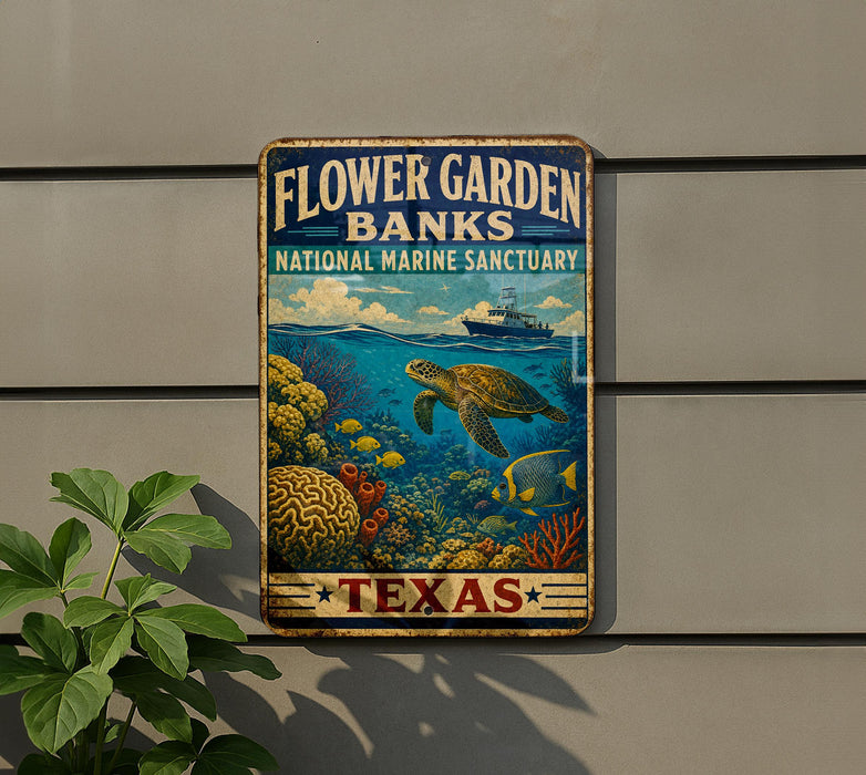 A vintage-style sign for the Flower Garden Banks National Marine Sanctuary in Texas, featuring a colorful illustration of marine life and coral.
