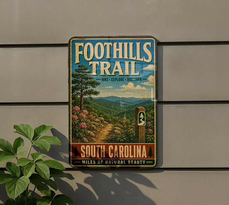 a vintage trail sign for the Foothills Trail in South Carolina, with a scenic mountain landscape and a path leading through the woods.