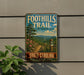 a vintage trail sign for the Foothills Trail in South Carolina, with a scenic mountain landscape and a path leading through the woods.