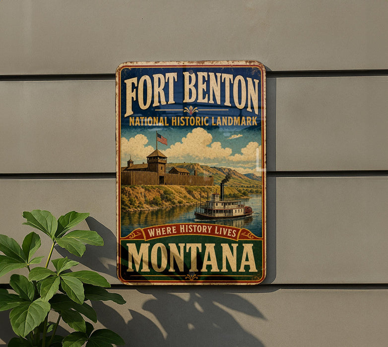 A vintage-style sign for Fort Benton National Historic Landmark in Montana, featuring a castle, river, and boat, mounted on a gray wall.