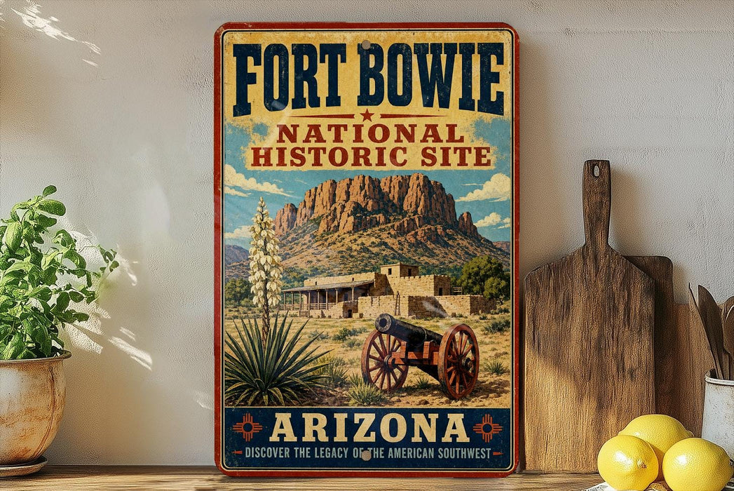 A vintage-style sign for Fort Bowie National Historic Site in Arizona, featuring a desert landscape with a mountain, a house, and a cannon.