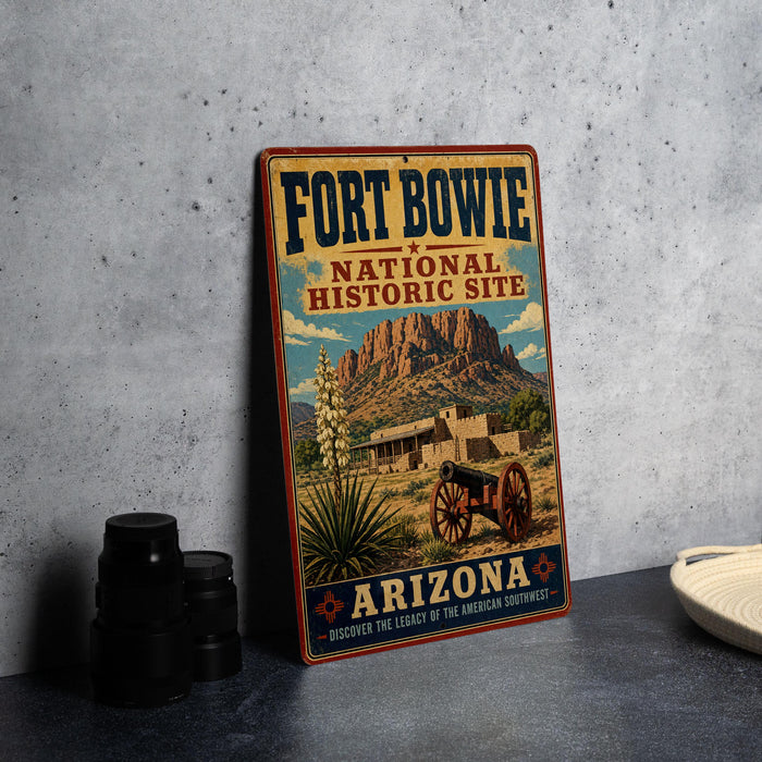 A vintage-style metal sign for Fort Bowie National Historic Site in Arizona, featuring a desert landscape with a mountain and a building.