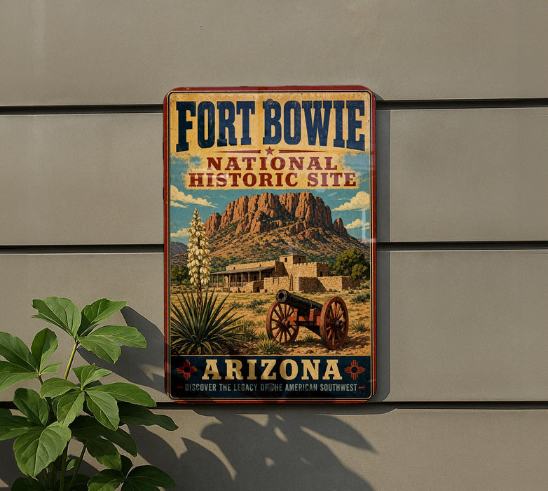 A vintage-style metal sign for Fort Bowie National Historic Site in Arizona, featuring a desert landscape with a mountain in the background and a cannon in the foreground.