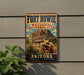 A vintage-style metal sign for Fort Bowie National Historic Site in Arizona, featuring a desert landscape with a mountain in the background and a cannon in the foreground.