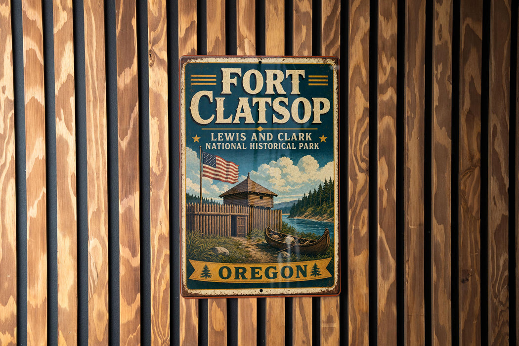 A vintage-style metal sign for Fort Clatsop, Lewis and Clark National Historical Park, with an American flag and a wooden fence in the background.