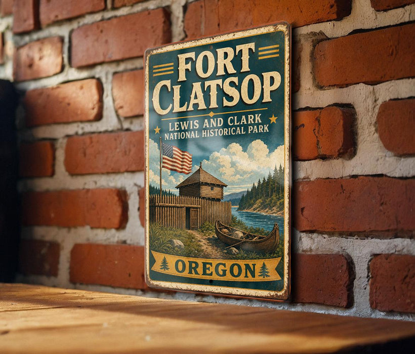 A vintage-style metal sign for Fort Clatsop Lewis and Clark National Historical Park, featuring an illustration of a wooden cabin and a river.