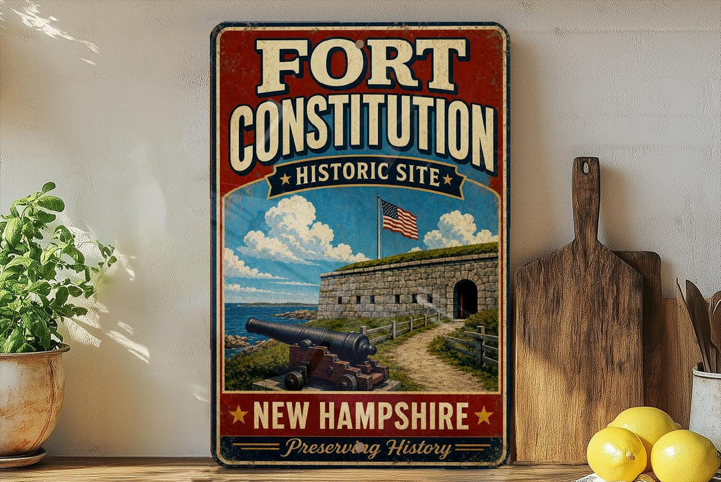a vintage-style sign for the Fort Constitution Historic Site in New Hampshire, with a picture of a cannon and a stone fort.
