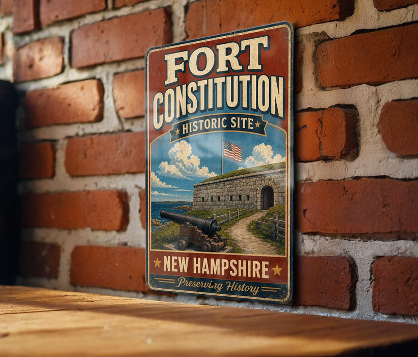 A vintage-style metal sign with the text "FORT CONSTITUTION HISTORIC SITE * NEW HAMPSHIRE * Preserving History" is displayed on a brick wall.