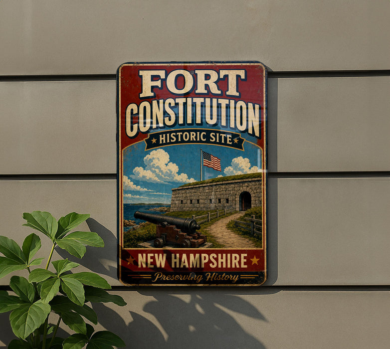 A vintage-style metal sign for the Fort Constitution Historic Site in New Hampshire, featuring an image of a cannon and a building with a flag.
