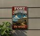 A vintage-style metal sign for the Fort Constitution Historic Site in New Hampshire, featuring an image of a cannon and a building with a flag.