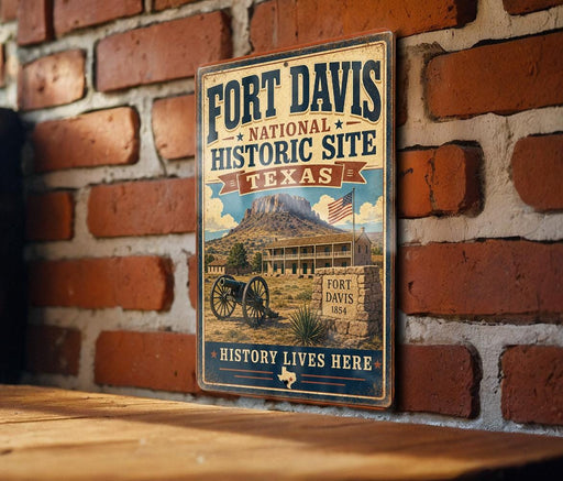 A vintage-style metal sign for Fort Davis National Historic Site in Texas, featuring a cannon and a building with a sign that says "Fort Davis 1854".