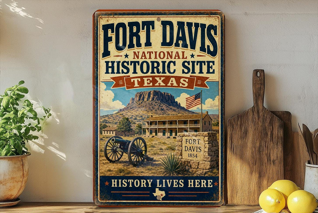 A vintage-style sign for Fort Davis National Historic Site in Texas, featuring a cannon and a building, is displayed on a shelf next to a potted plant and a wooden cutting board.