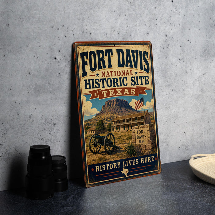 A vintage-style metal sign for the Fort Davis National Historic Site in Texas, featuring an illustration of the historic site and a cannon.