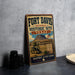 A vintage-style metal sign for the Fort Davis National Historic Site in Texas, featuring an illustration of the historic site and a cannon.