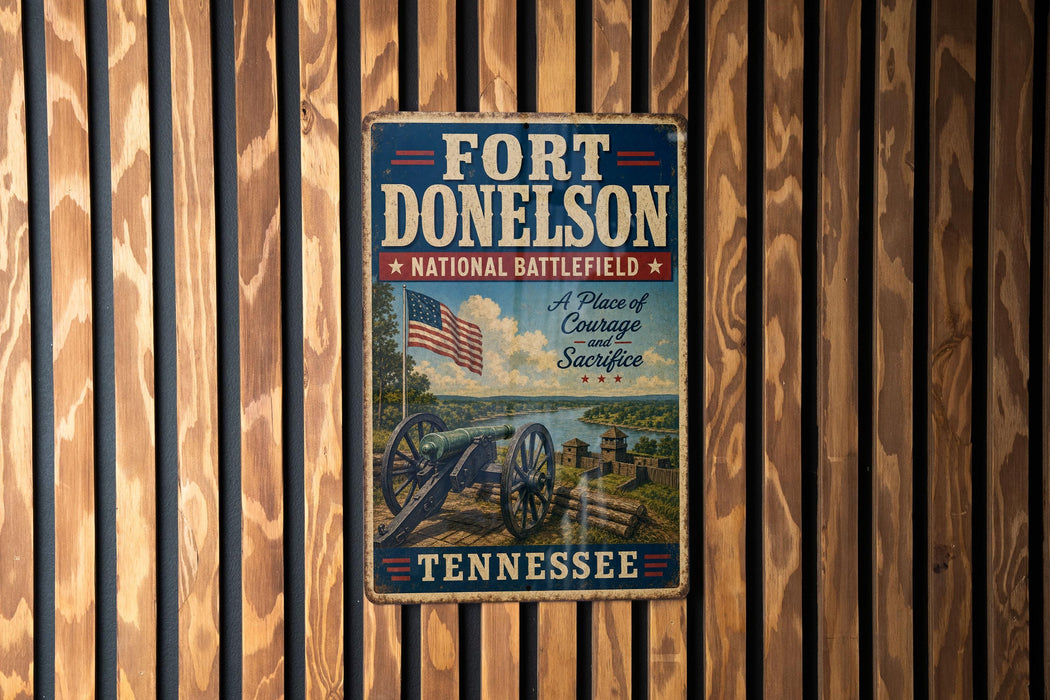 A vintage metal sign for Fort Donelson National Battlefield in Tennessee, featuring an American flag and a cannon, mounted on a wooden wall.