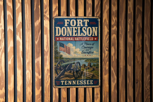 A vintage metal sign for Fort Donelson National Battlefield in Tennessee, featuring an American flag and a cannon, mounted on a wooden wall.