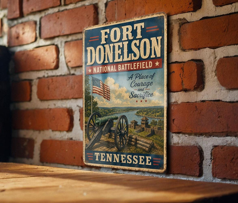 A vintage-style metal sign for Fort Donelson, Tennessee, featuring an American flag and a cannon, mounted on a brick wall.
